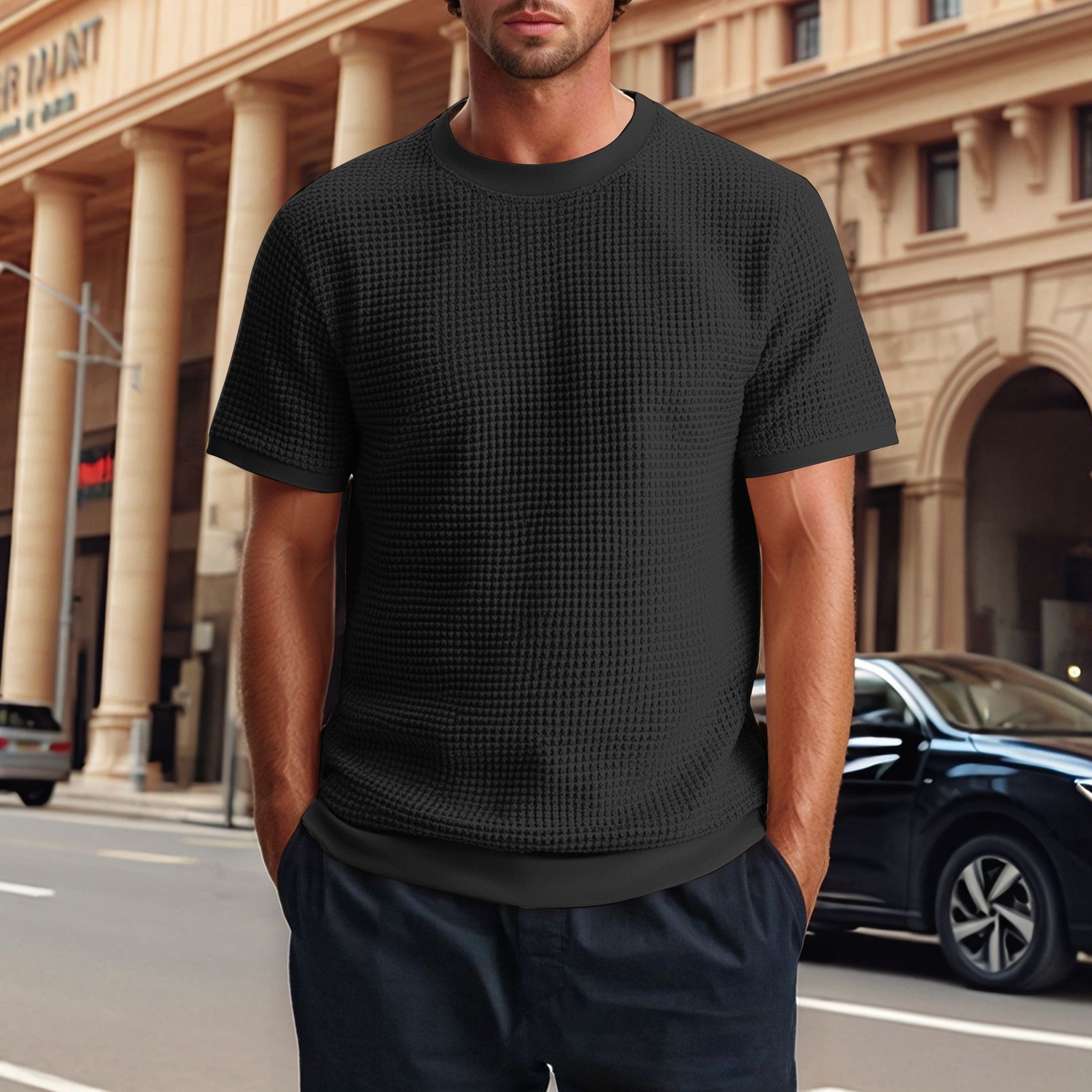 thumbnail image 3 of Camiseta de manga corta de punto para hombre - Color liso, diseño acanalado, deportiva informal - S-XXL, 3 of 6